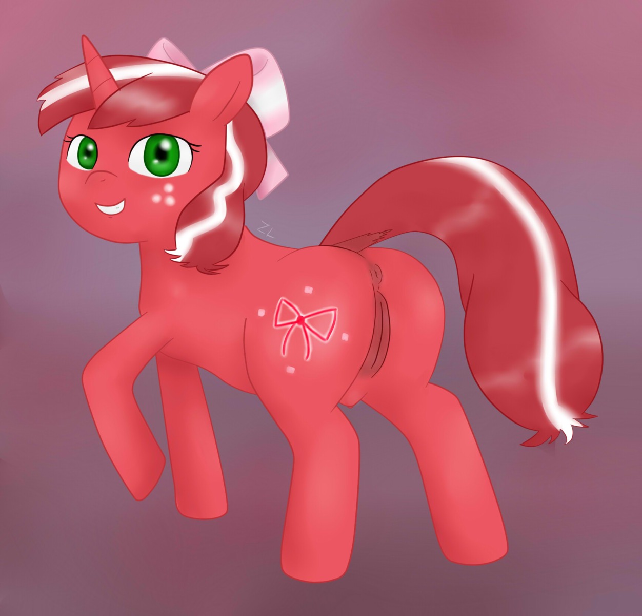 2013 anus butt cutie_mark digital_media_(artwork) e621 equid equine fan_character female feral genitals green_eyes hair hasbro hi_res horn looking_at_viewer mammal multicolored_hair my_little_pony mythological_creature mythological_equine mythology nipples quadruped red_ribbon simple_background smile solo tail two_tone_hair unicorn vulva zeklullaby