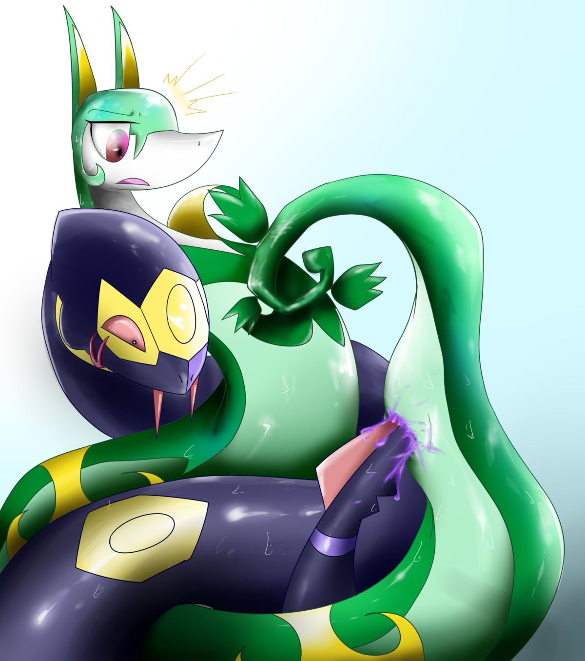 2014 ambiguous_gender bald bodily_fluids coiling duo e621 fangs female feral feral_on_feral forked_tongue frown generation_3_pokemon generation_5_pokemon genitals hi_res interspecies long_ears looking_down nintendo penetration poison pokemon pokemon_(species) reptile rio_(artist) scalie serpentine serperior seviper sex sharp_teeth snake sweat tail tail_fetish tail_play tail_sex teeth tongue tongue_out vaginal vaginal_penetration vulva