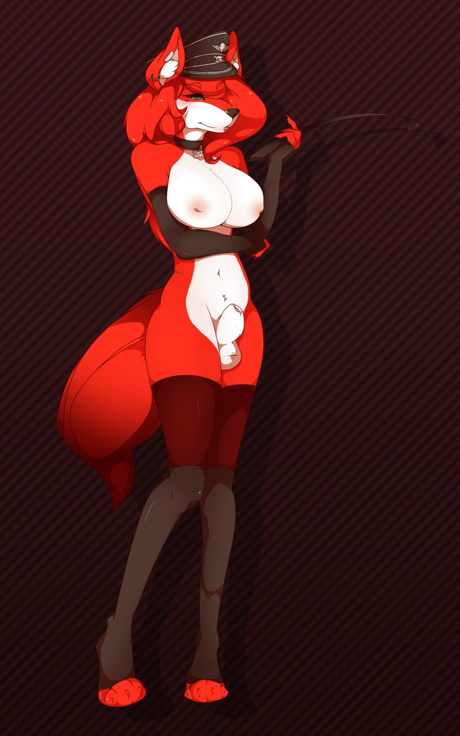 2012 5:8 absurd_res animal_genitalia anthro armwear balls big_breasts biped breasts brown_eyes canid canine claws clothing collar e621 ear_piercing elbow_gloves facial_piercing feet flaccid fluffy fluffy_tail fox genitals gloves gynomorph hair handwear hat headgear headwear hi_res hindpaw intersex legwear lip_piercing long_hair mammal mostly_nude mostly_nude_anthro mostly_nude_gynomorph mostly_nude_intersex navel nipples paws penis piercing red_hair riding_crop sheath smile solo standing stockings tail teil vanessa_vixen vanny whip