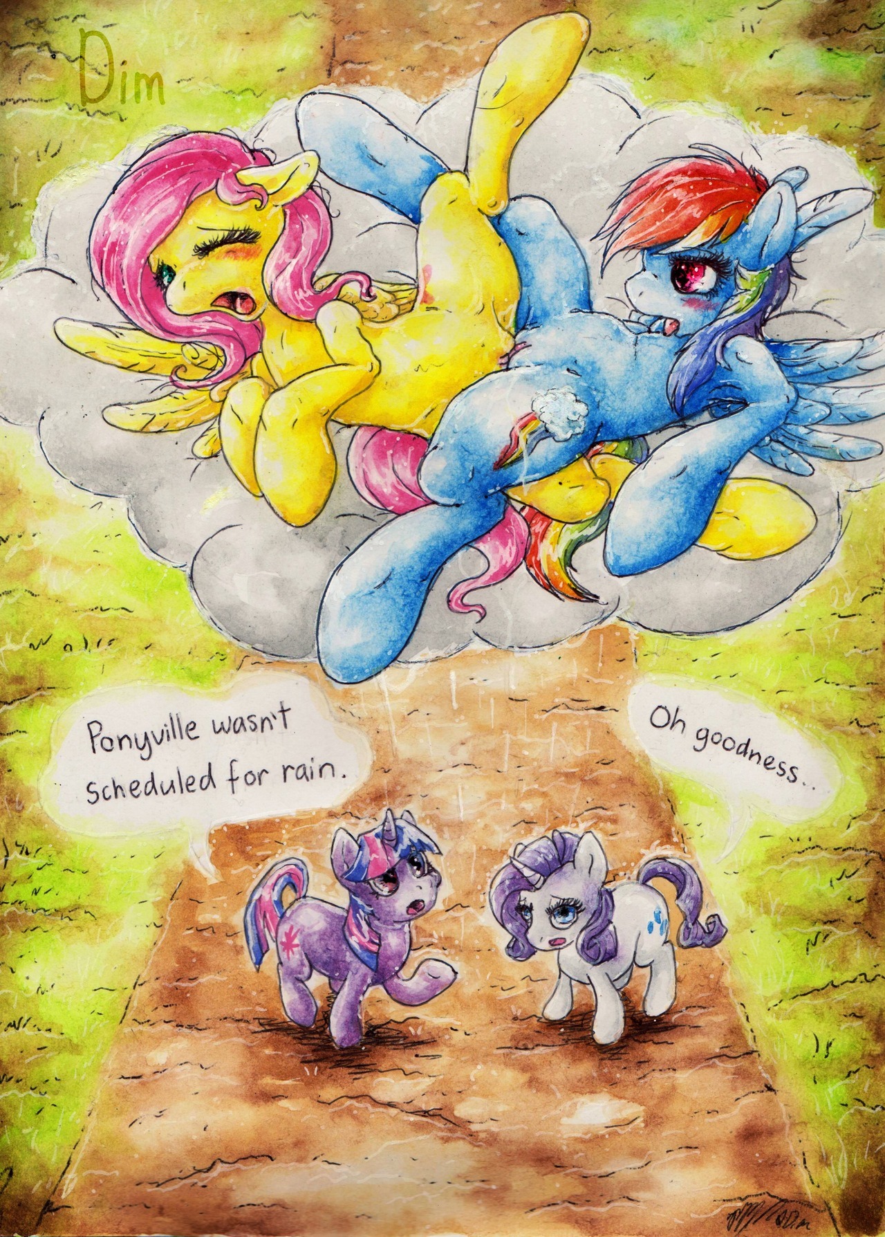 2012 blue_body blue_eyes blue_feathers blue_fur blush bodily_fluids clitoral clitoris cloud cutie_mark dimwitdog dripping duo_focus e621 english_text equid equine feathered_wings feathers female female/female feral feral_on_feral fluttershy_(mlp) friendship_is_magic fur genital_fluids genitals grass group hair hasbro hi_res high-angle_view horn mammal multicolored_hair my_little_pony mythological_creature mythological_equine mythology open_mouth outside pegasus pink_hair plant purple_body purple_eyes purple_fur purple_hair quadruped rainbow_dash_(mlp) rainbow_hair raining raised_leg rarity_(mlp) sex spread_legs spreading tail text tongue tongue_out tribadism twilight_sparkle_(mlp) two_tone_hair unicorn vaginal vaginal_fluids vulva white_body white_fur wing_boner wings yellow_body yellow_feathers yellow_fur