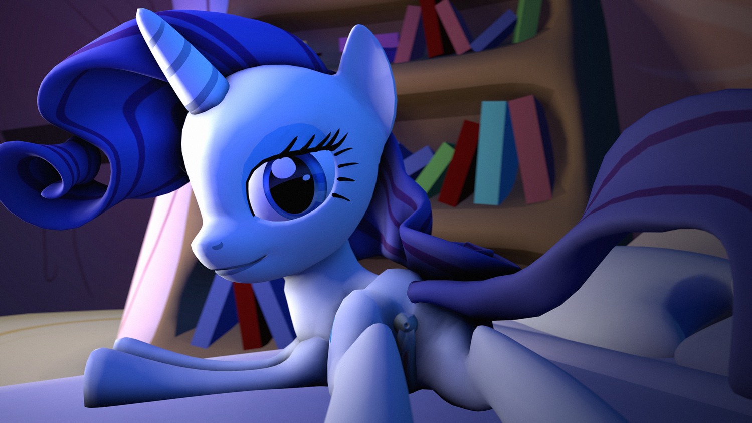 16:9 2013 3d_(artwork) anus bed blue_eyes digital_media_(artwork) e621 equid equine female friendship_is_magic furniture genitals hair hasbro hi_res horn inside looking_back mammal my_little_pony mythological_creature mythological_equine mythology ociv9 purple_hair rarity_(mlp) sitting solo source_filmmaker_(artwork) unicorn vulva widescreen