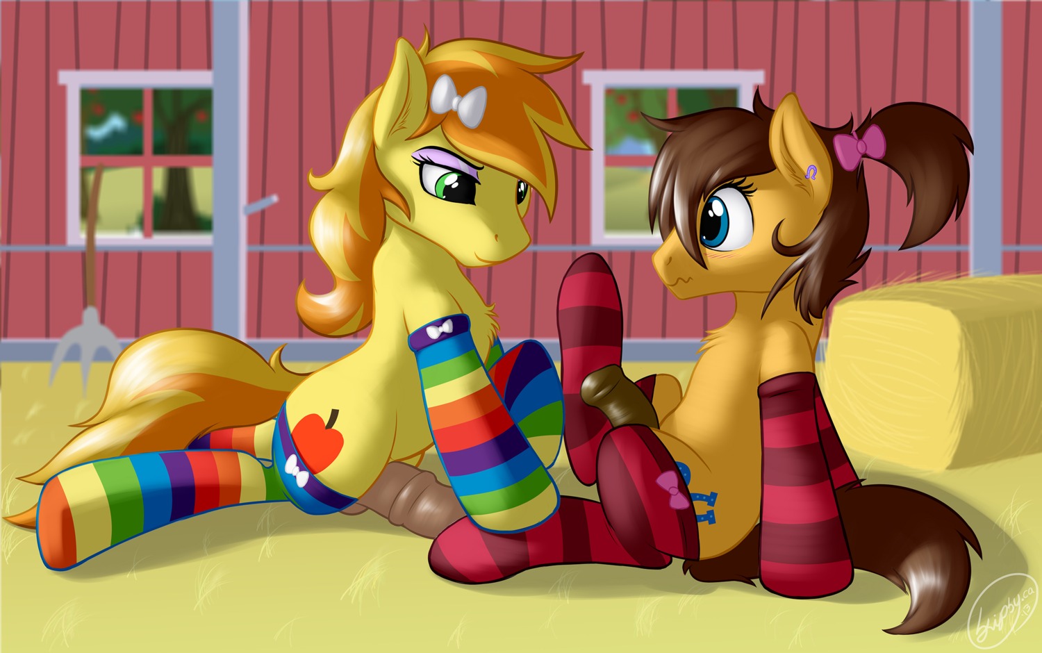 animal_genitalia animal_penis barn braeburn_(mlp) caramel_(mlp) clothed clothing crossdressing cutie_mark duo e621 earth_pony embarrassed equid equine equine_genitalia equine_penis erection femboy feral footwear friendship_is_magic genitals hasbro hi_res horse legwear makeup male male/male mammal mascara my_little_pony penis pony quadruped ribbons signature skipsy socks tail