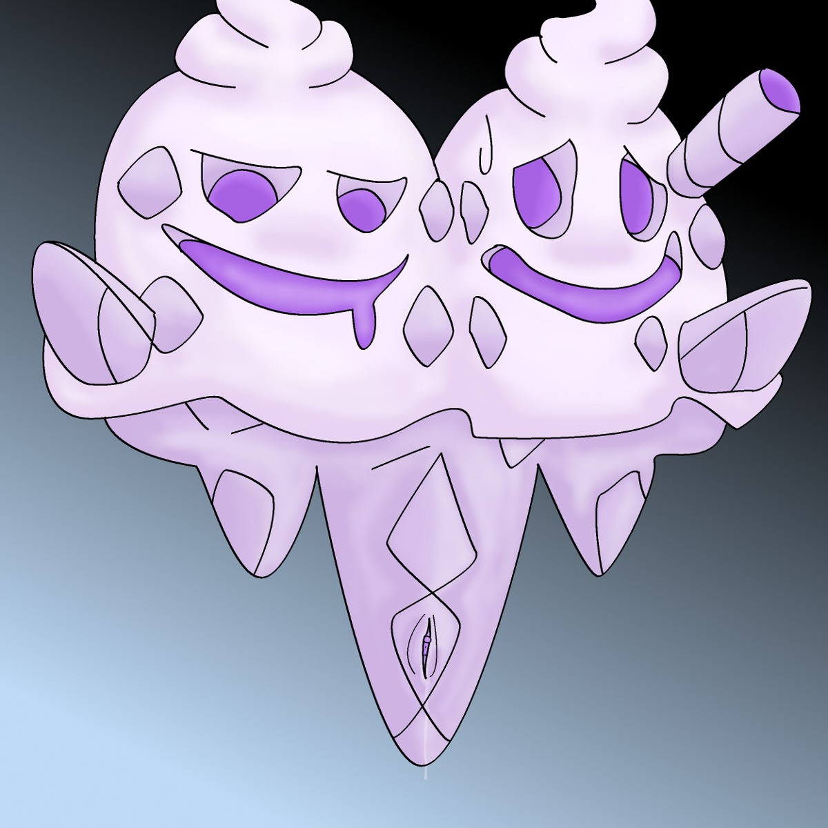 1:1 2011 2_heads animate_inanimate bodily_fluids e621 female food food_creature generation_5_pokemon genital_fluids genitals gradient_background hi_res multi_head nintendo obeythesnarf pokemon pokemon_(species) shiny_pokemon simple_background solo vaginal_fluids vanilluxe vulva