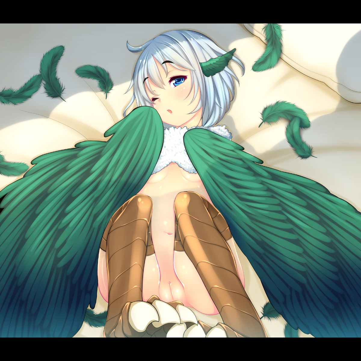 1:1 animal_humanoid avian avian_humanoid bed blue_eyes blush breasts claws e621 european_mythology feathered_wings feathers feet female furniture genitals greek_mythology grey_hair hair harpy hi_res humanoid kiyomin letterbox looking_at_viewer lying monster_girl_(genre) mythological_avian mythological_creature mythology navel on_back one_eye_closed pillow short_hair small_breasts solo talons toes under_boob vulva winged_humanoid wings wink