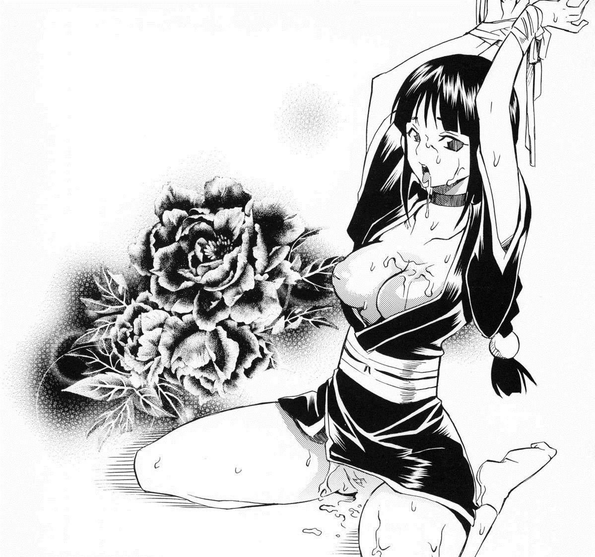 after_sex arms_up black_hair bleach bondage breasts choker cum cum_in_mouth cum_inside cum_on_body cum_on_breasts cum_on_face cum_on_upper_body cum_pool cumdrip facial female flower footwear kurotsuchi_nemu large_breasts monochrome nipples no_panties open_clothes open_mouth pussy rule34 socks tongue