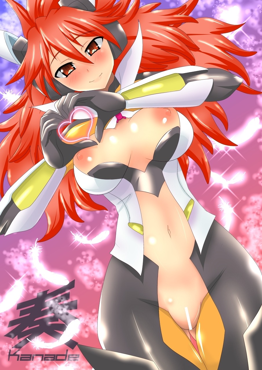 amou_kanade blush bodysuit breasts censored color female hinoki looking_at_viewer pointy_chin pose pussy red_hair rule34 senki_zesshou_symphogear shaved_pussy solo