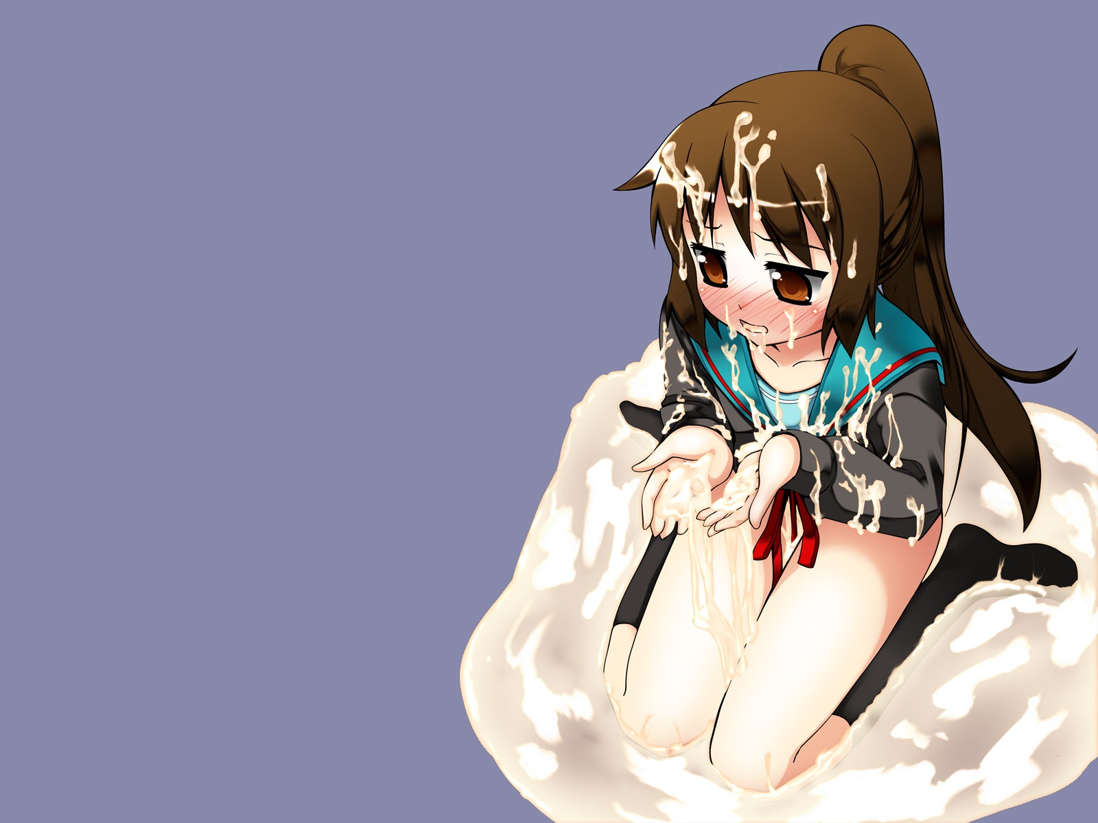 akino_sora blush brown_eyes brown_hair bukkake clothing cum cum_on_clothes cum_on_floor cum_on_hair cum_pool cumdrip cupping_hands facial female highres kyon kyonko long_hair ponytail rule34 suzumiya_haruhi_no_yuuutsu tied_hair wet