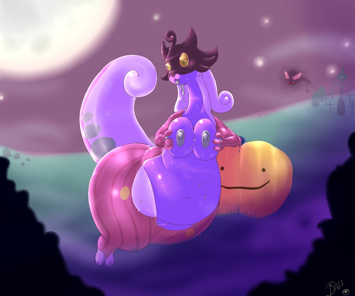 3_fingers 6:5 ambiguous_gender anthro black_eyes bourbon_(artist) breasts ditto_(pokemon) dragon duo e621 eyelashes female feral fingers food fruit gastly gastropod generation_1_pokemon generation_6_pokemon genitals ghost glistening goodra grave green_eyes halloween happy headgear holidays looking_at_viewer mask mollusk moon mythological_creature mythological_scalie mythology navel nintendo nipples non-mammal_breasts non-mammal_nipples open_mouth outside plant pokemon pokemon_(species) pumpkaboo pumpkin raised_arm rock scalie shadow sharp_teeth sky slightly_chubby slime smile spirit squeezing star tail teeth thick_thighs tombstone tongue tongue_out vulva wide_hips