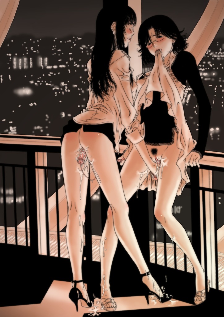 biting black_hair blush city copyright_request dildo dress dress_lift female glasses gusu high_heels insertion monochrome mouth_hold multiple_females multiple_girls no_panties open_shoes pink pubic_hair public pussy pussy_juice rule34 shoes skirt skirt_lift uncensored vibrator yuri