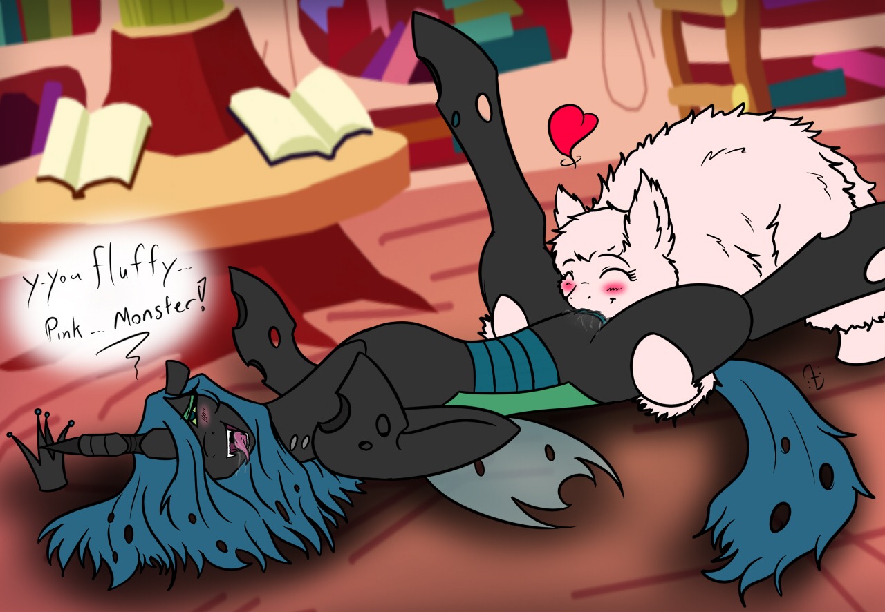 ambiguous_gender arthropod blush bodily_fluids book changeling_(mlp) cunnilingus dragonofdarkness13 duo e621 earth_pony equid equine eyes_closed fan_character female feral fluffle_puff fluffy friendship_is_magic fur green_hair hair hasbro heart_symbol horse insect_wings lying mammal my_little_pony on_back oral pink_body pink_fur pony queen_chrysalis_(mlp) saliva sex tongue tongue_out vaginal wings