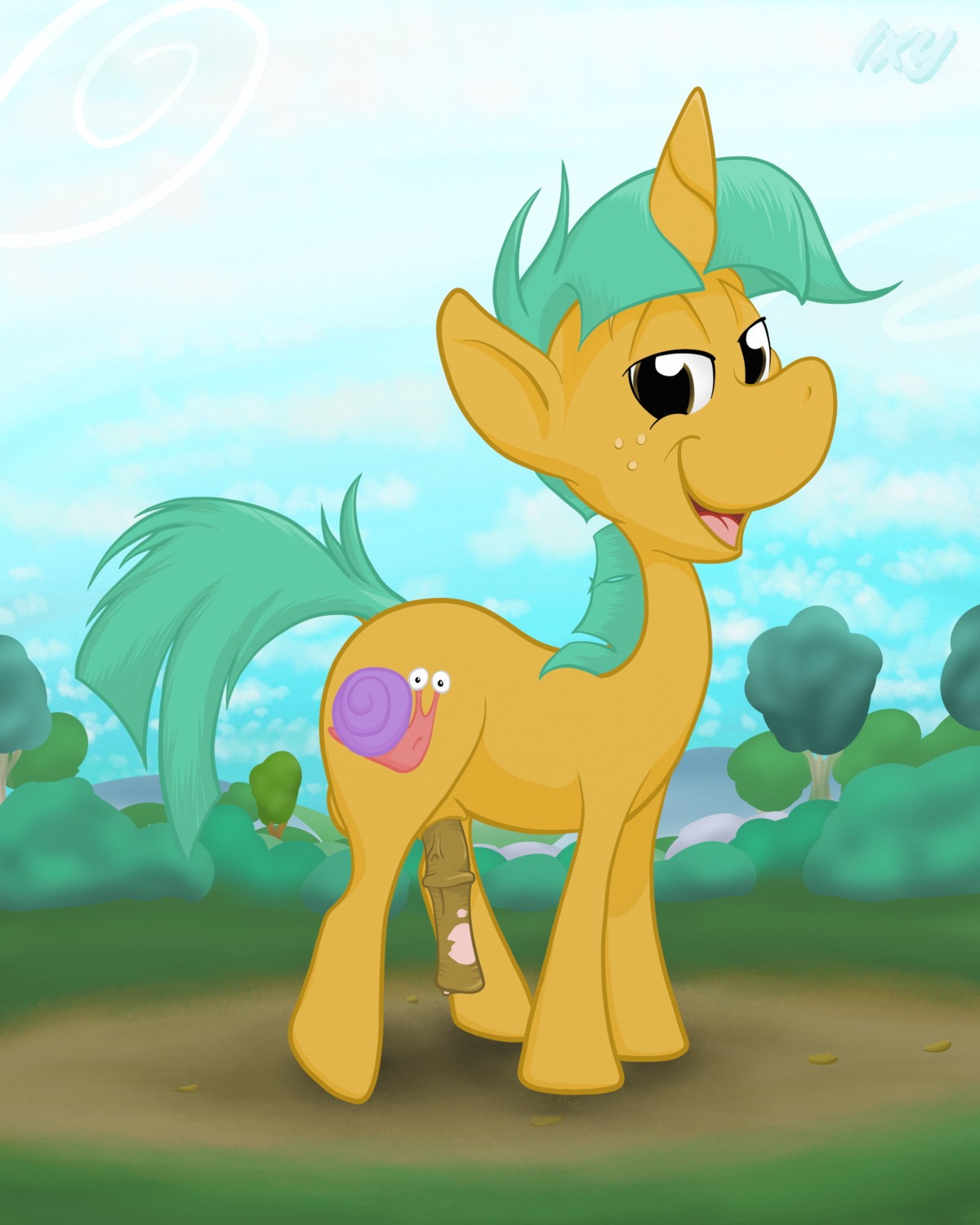 2012 4:5 amber_eyes animal_genitalia animal_penis cutie_mark e621 equid equine equine_genitalia equine_penis erection feral friendship_is_magic fur genitals green_hair hair hasbro hi_res horn ixbalam looking_at_viewer male mammal my_little_pony mythological_creature mythological_equine mythology nude open_mouth outside penis plant shota sky smile snails_(mlp) solo tail tongue tree unicorn yellow_body yellow_fur young young_feral