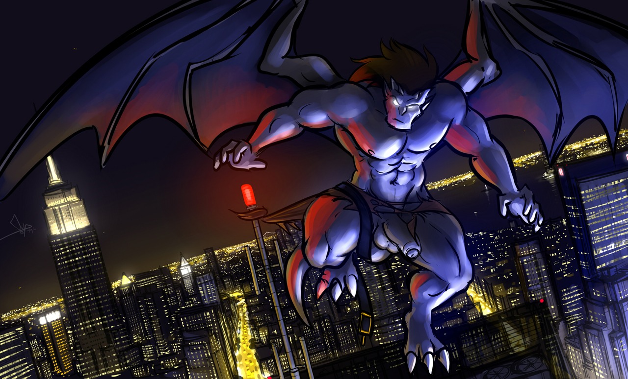 abs anthro balls belt bgn biceps big_penis bottomwear brown_hair city cityscape claws clothed clothing digital_media_(artwork) disney e621 empty_eyes erection flaccid flying foreskin gargoyle gargoyles genitals glowing glowing_eyes goliath_(gargoyles) hair humanoid_genitalia humanoid_penis loincloth male membrane_(anatomy) membranous_wings muscular muscular_male night nipples outside partially_retracted_foreskin pecs penis purple_body scales sky solo tail toe_claws topless torn_clothing white_eyes wings