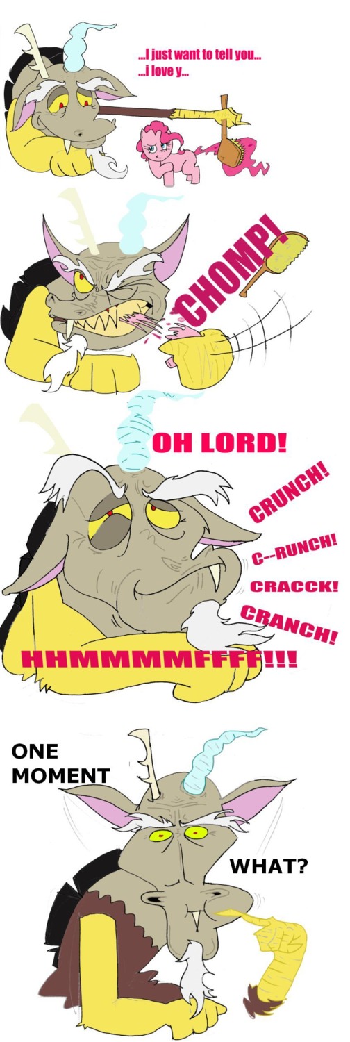 2012 absurd_res chimera comic death discord_(mlp) draconequus duo e621 earth_pony english_text equid equine feral friendship_is_magic gore hasbro hi_res horse killing male mammal my_little_pony pinkie_pie_(mlp) pony tail text unknown_artist vore what