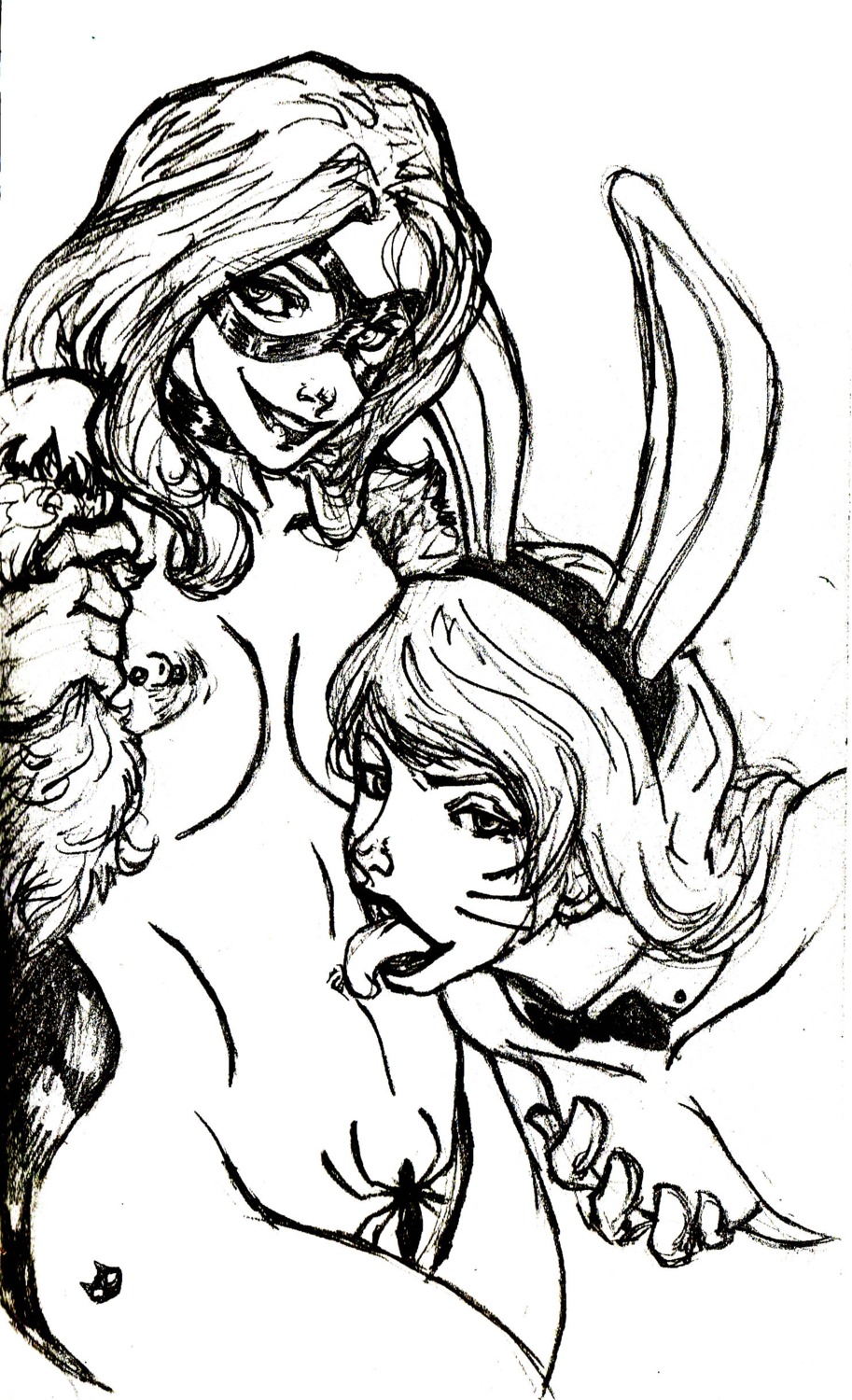black_cat_(marvel) felicia_hardy female female_only greyscale human marvel marvel_comics monochrome multiple_females rule34 spider-man_(series) straight_hair white_rabbit_(dc) yuri