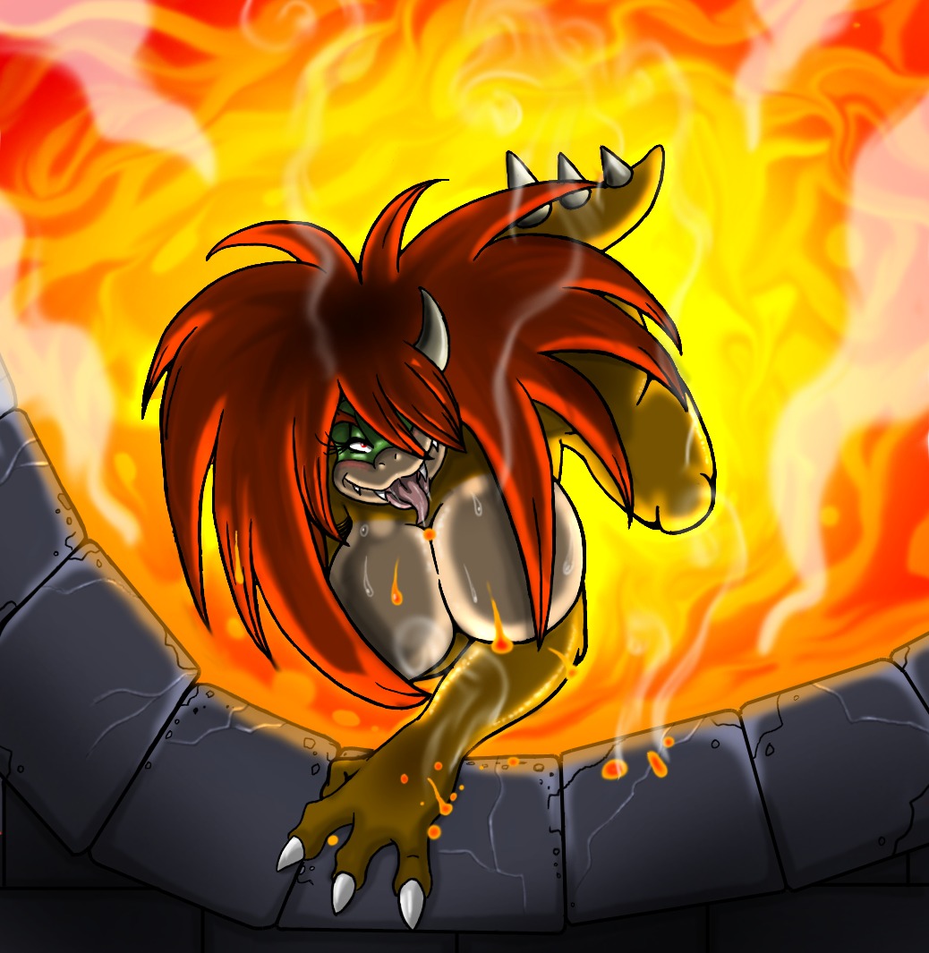 anthro bowser breasts claws color female female_bowser female_only hair hair_over_one_eye horn koopa lava long_hair lordstevie mario_(series) nintendo nude open_eyes red_eyes red_hair rule34 rule_63 saliva scalie sharp_teeth smoke solo straight_hair sweat tail tongue volcanic_setting