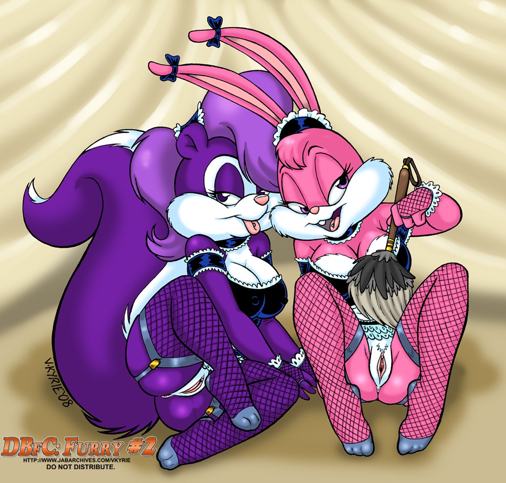 2008 anthro babs_bunny brush cleaning_tool clothing duo e621 feather_duster female fifi_la_fume genitals lagomorph leporid looking_at_viewer lying maid_uniform mammal mephitid piercing purple_eyes rabbit skunk tail tiny_toon_adventures tongue tongue_piercing uniform vkyrie vulva warner_brothers
