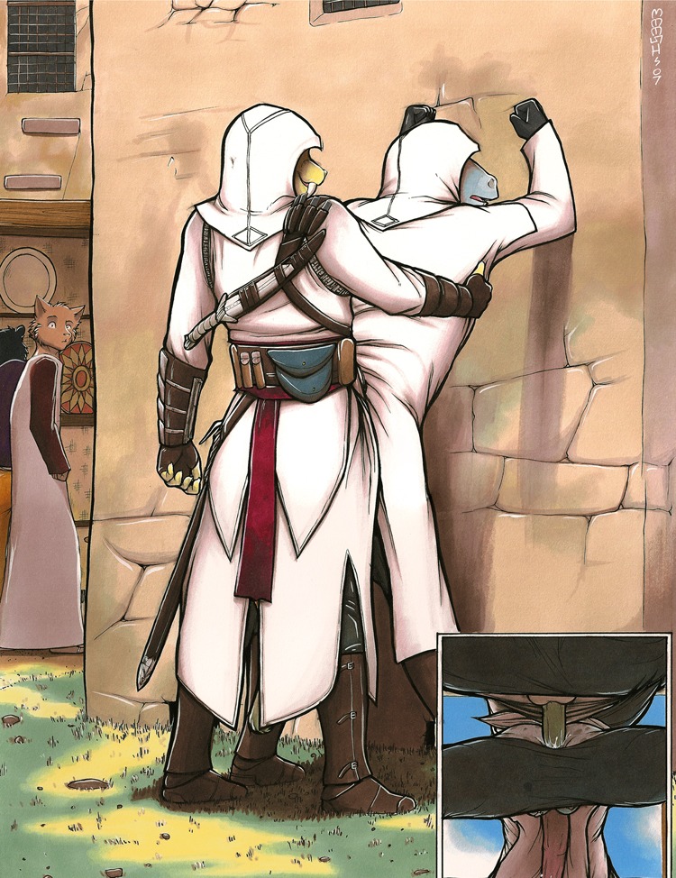 2007 against_surface against_wall altair_ibn-la'ahad alternate_species anal anal_penetration anthro anthro_on_anthro assassin assassin's_creed being_watched bodily_fluids bottomwear bottomwear_down clothed clothed_sex clothing cum cum_in_ass cum_inside cutaway digital_media_(artwork) domestic_cat dragon duo_focus e621 erection fangs felid feline felis from_behind_position furrification genital_fluids genitals group hood interspecies lion looking_at_another low-angle_view male male/male male_penetrated male_penetrating male_penetrating_male mammal marker_(artwork) meesh melee_weapon mythological_creature mythological_scalie mythology pantherine pants pants_down partially_clothed penetration penis public scalie sex shocked sword teeth traditional_media_(artwork) ubisoft weapon worm's-eye_view