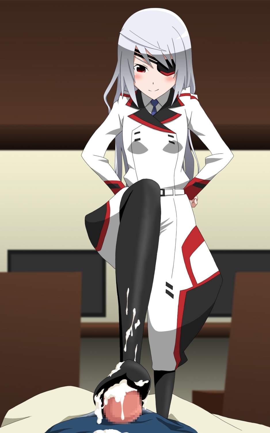 censored cum eye_patch feet footjob highres infinite_stratos laura_bodewig legwear male military_uniform necktie pantyhose penis red_eyes rule34 silver_hair uniform