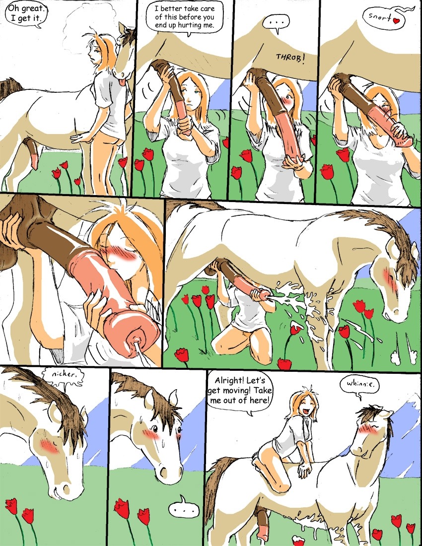 anatomically_correct anatomically_correct_genitalia anatomically_correct_penis animal_genitalia animal_penis balls barefoot bestiality blush bodily_fluids bottomless butt clothed clothing comic cum cumshot damsel_(reiger) day dialogue duo e621 ejaculation english_text equid equine equine_genitalia equine_penis erection feet female female_on_feral feral field flared_penis flower genital_fluids genitals hair handjob heart_symbol horse human human_on_feral interspecies male male/female male_on_human mammal meadow messy orgasm outside penile penis plant pubes quadruped red_hair reiger riding sex tail text tongue