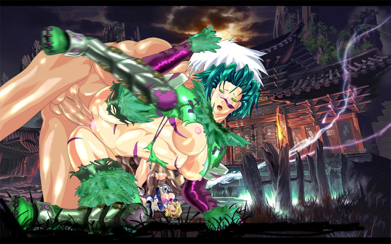 2girls cassandra censored female green_hair human male penis pussy ruins rule34 sex soul_calibur straight tira_(soulcalibur) vagina