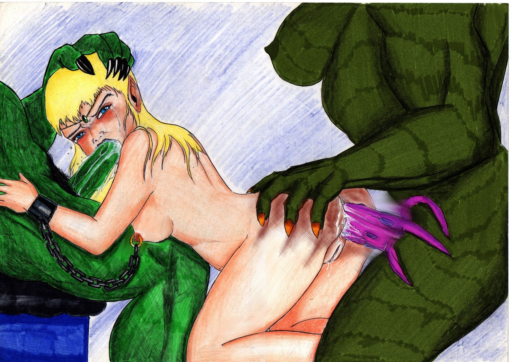 bisexual_female blowjob breasts color darkkrone elf fellatio female green_skin interspecies linked_piercings male nipples oral pussy rule34 sex strap-on strapon tagme threesome yuri