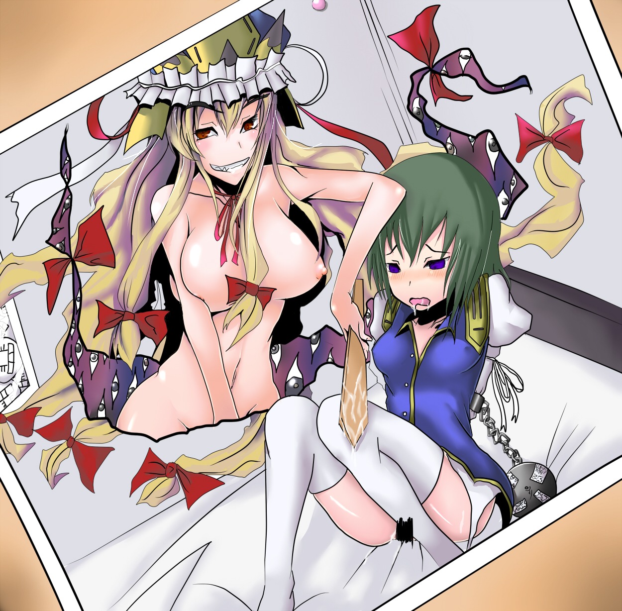 bed blush bondage breasts censored dateya_torahachi drooling eiki_shiki female female_only femdom gap grin highres mokujinn multiple_females multiple_girls nipples nude photo_(object) rule34 sin_sack smile thighhighs touhou yukari_yakumo