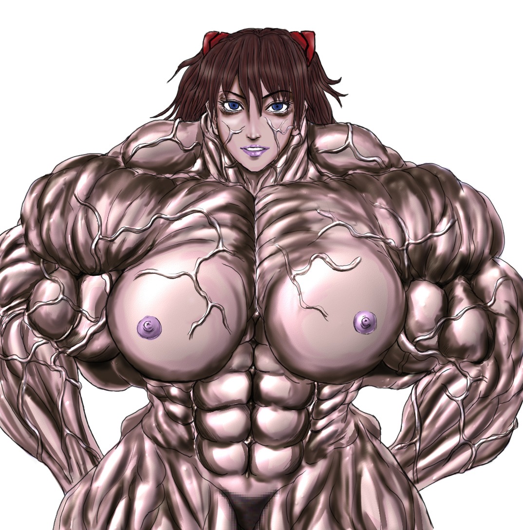 abs asuka_langley_sohryu breasts brown_hair censored extreme_muscles female flex gigantic_breasts hair hands_on_hips muscles muscular muscular_female neon_genesis_evangelion no_bra no_panties posing rule34 s20k00y veins