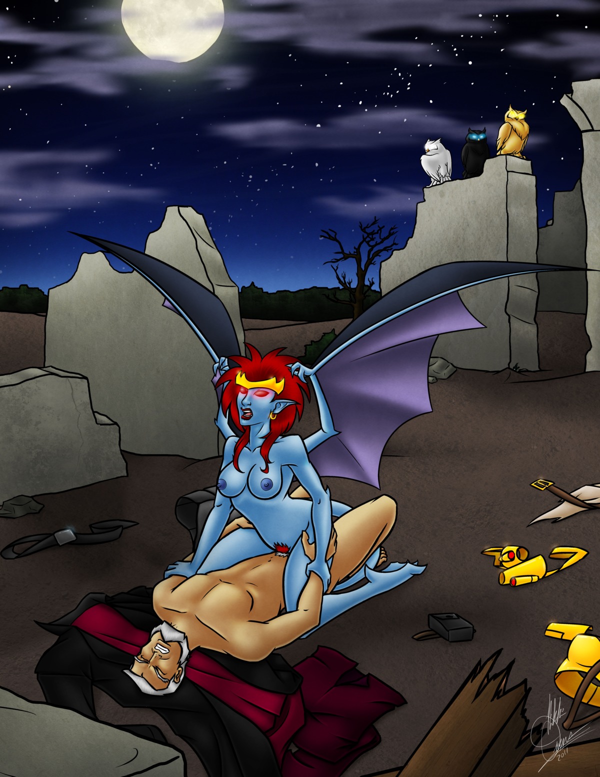 2011 breasts demona disney earrings female full_moon gargoyle gargoyles grey_hair human leg_grab legs lipstick long_hair luna_weird macbeth_(gargoyles) male night nipples nude open_mouth owl phoebe_weird red_hair rule34 seline_weird sex stars tagme tail teeth tongue weird_sisters wings