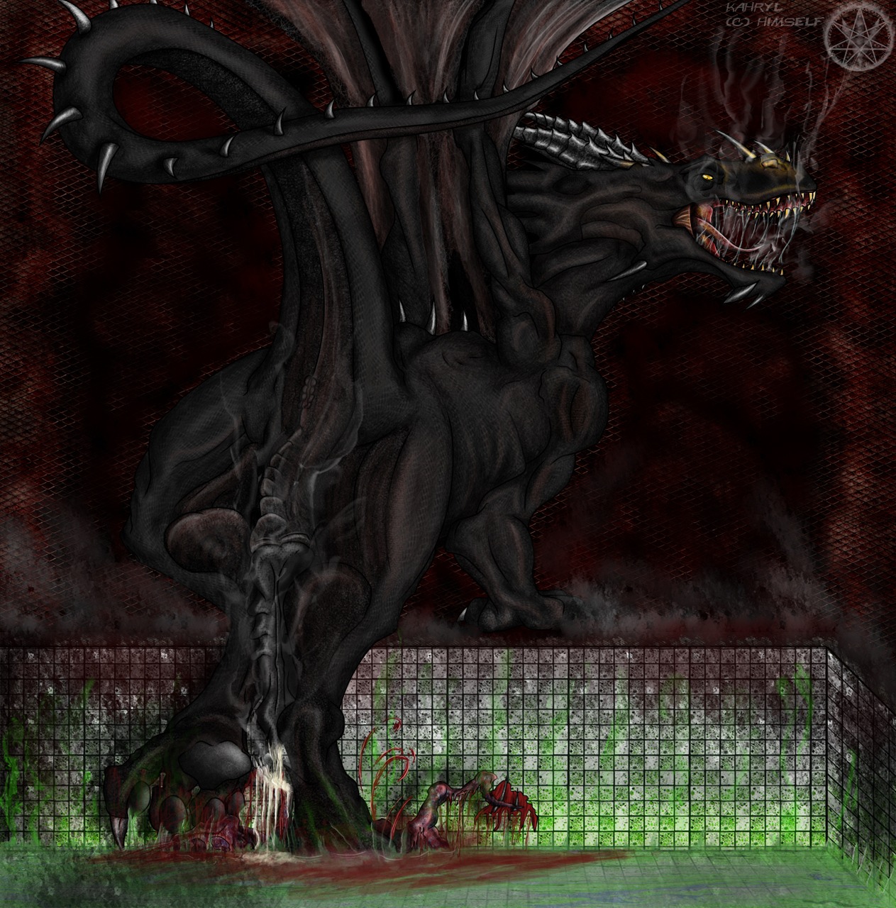 ahastar_(artist) blood bodily_fluids dragon e621 genitals gore hi_res horn kahryl male mythological_creature mythological_scalie mythology penis raised_tail scalie solo tail tongue