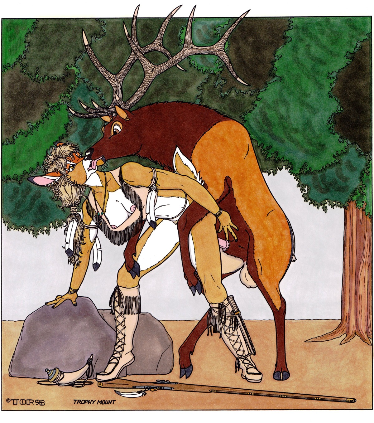 1998 absurd_res all_fours animal_genitalia animal_penis anthro anthro_on_feral anthro_penetrated antlers balls bent_over bestiality boots breasts cervine cervine_genitalia cervine_penis clothed clothing deer doggystyle duo e621 ear_piercing elk erection feathers female female_on_feral female_penetrated feral feral_penetrating feral_penetrating_anthro footwear french_kissing from_behind_position genitals gun hi_res hooves horn interspecies kissing lemon_testicles licking male male/female male_on_anthro male_penetrating male_penetrating_female mammal mounting new_world_deer nude outside partially_clothed penetration penis piercing plant powder_horn ranged_weapon rifle sex shoes signature text tim_o'rourke tongue tongue_out traditional_media_(artwork) tree tribal weapon white-tailed_deer