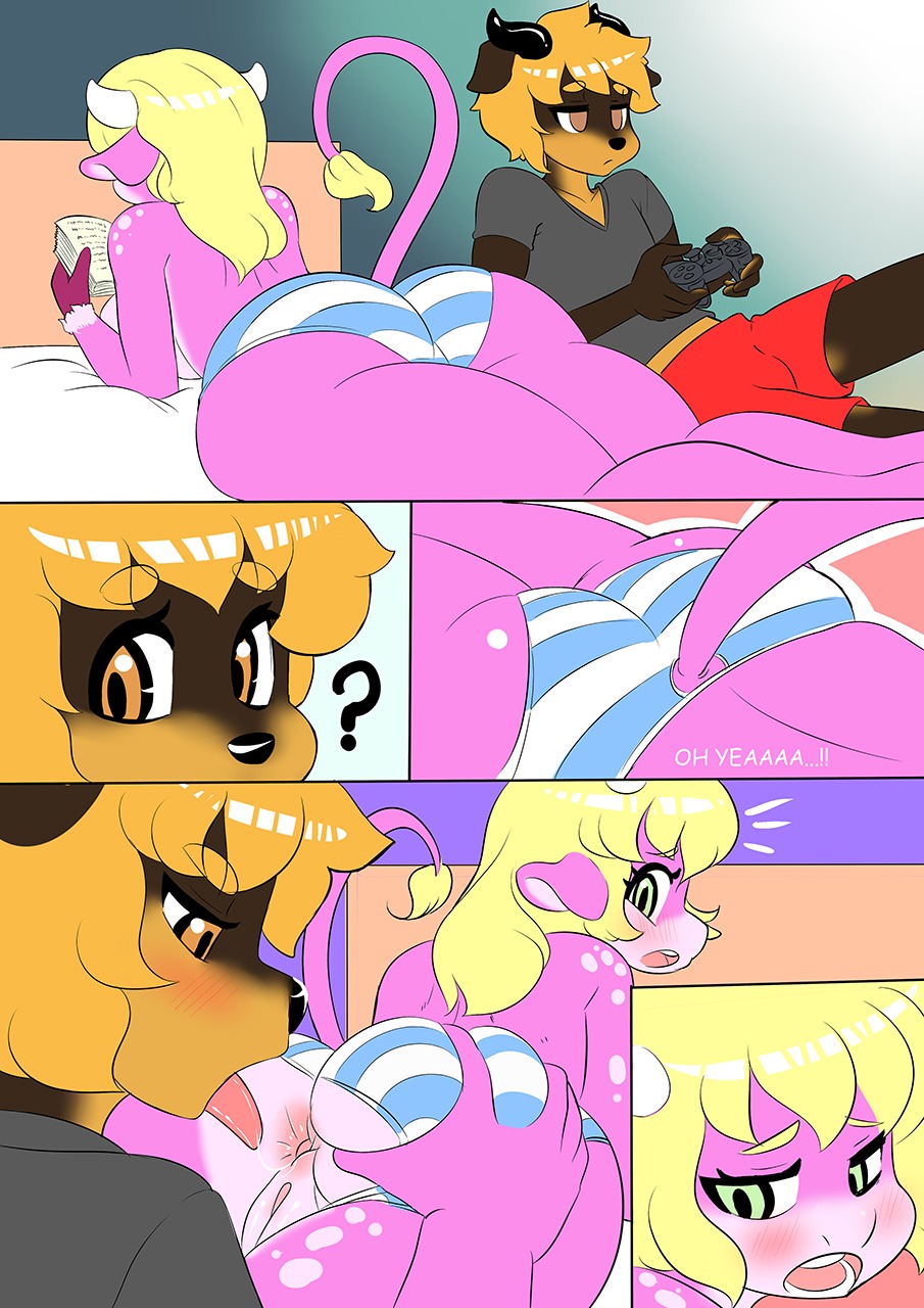 2014 anal anthro anus bed black_nose blonde_hair blush book bovid bovine breasts butt butt_grab clothed clothing comic controller duo e621 eyebrows eyelashes female fur furniture game_controller gaming genitals hair hand_on_butt hi_res horn long_hair looking_back lying male male/female mammal oral panties pink_body playing_video_game question_mark rimming ruby_(rubyluvcow) sex spread_butt spreading surprised teeth tongue tongue_out toto_draw tuft underwear vulva white_body