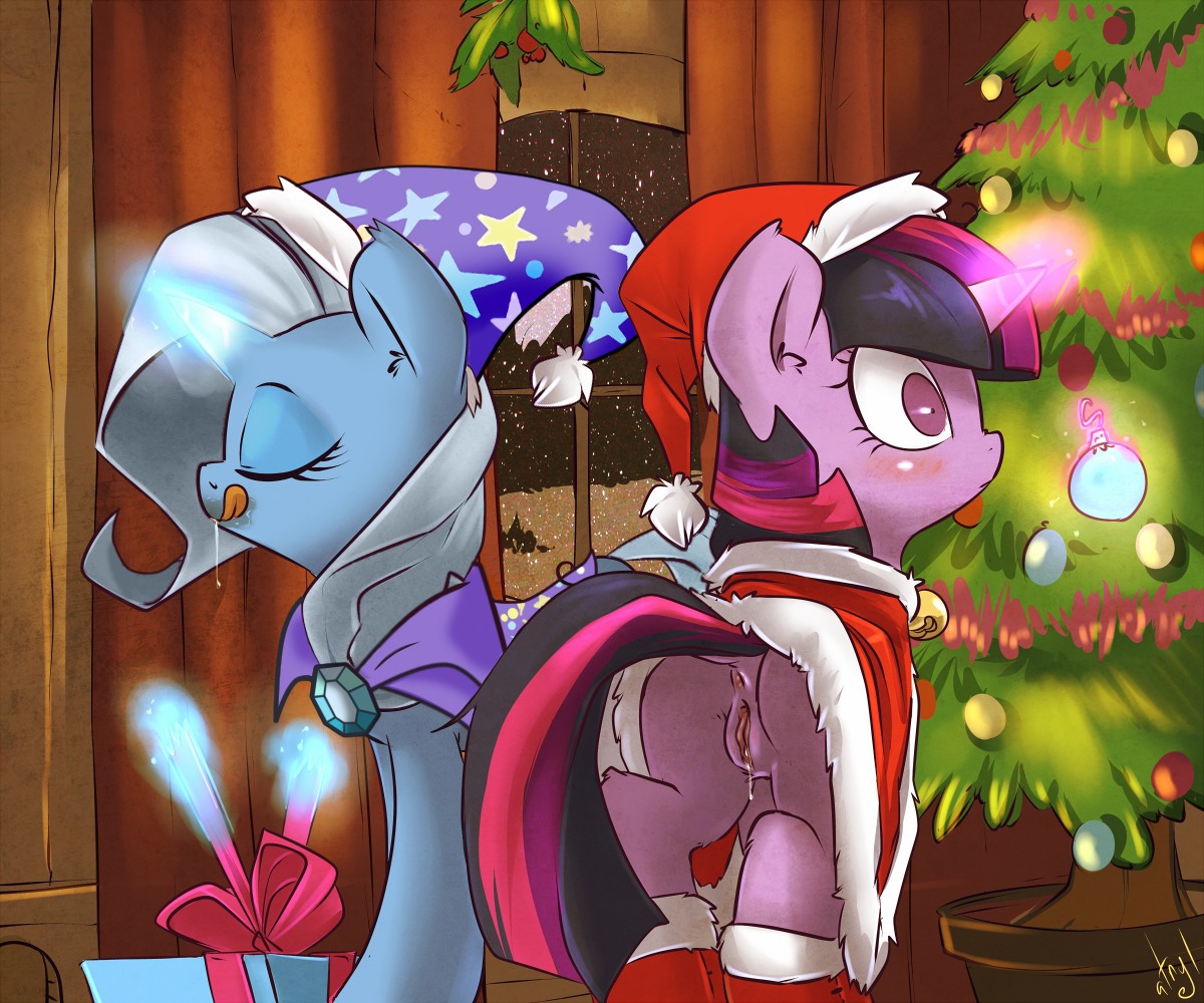 2013 6:5 anus atryl blush bodily_fluids butt cape christmas christmas_tree clothing digital_media_(artwork) drooling duo e621 equid equine female female/female feral friendship_is_magic fur genital_fluids genitals gift hair hasbro hat headgear headwear holidays holly_(plant) horn inside magic mammal multicolored_hair my_little_pony mythological_creature mythological_equine mythology plant purple_body purple_eyes purple_fur purple_hair saliva suggestive surprised third-party_edit tongue tongue_out tree trixie_(mlp) twilight_sparkle_(mlp) two_tone_hair unicorn vaginal_fluids vulva