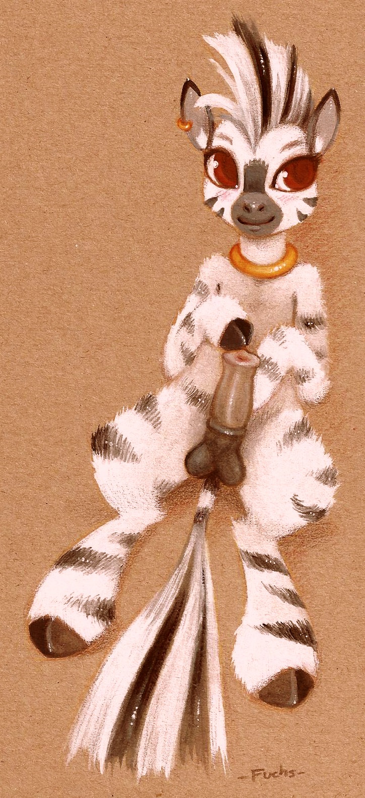 2013 amber_eyes animal_genitalia animal_penis balls black_body black_fur blush brown_eyes e621 ear_piercing equid equine equine_genitalia equine_penis erection fan_character feral fuchs fur genitals hasbro hi_res hooves jewelry looking_at_viewer lying male mammal mane mohawk my_little_pony necklace penis piercing sitting smile solo striped_body striped_fur stripes traditional_media_(artwork) white_body white_fur zebra