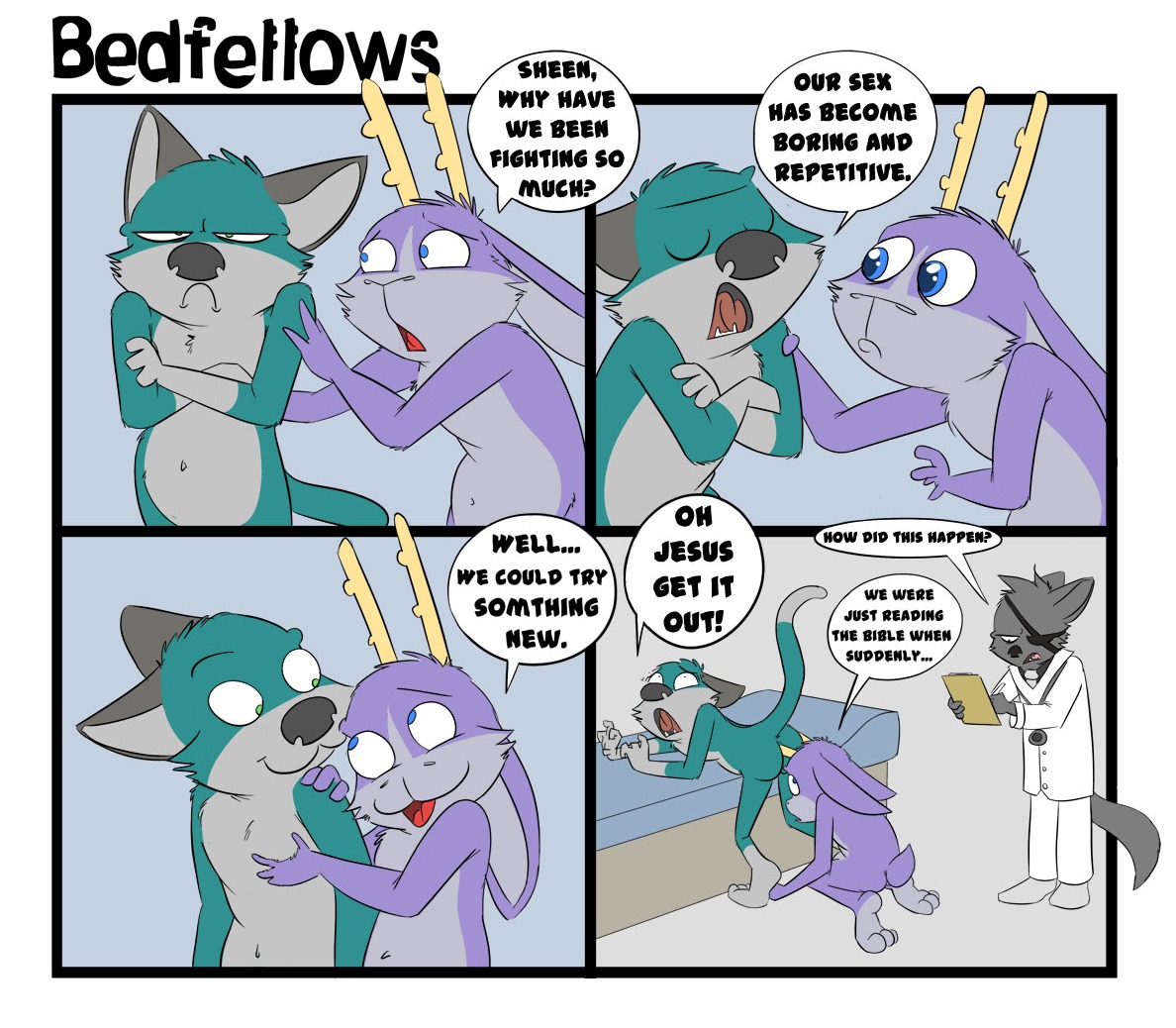 2_horns 3_toes :3 :o anal anal_penetration anthro anthro_on_anthro anthro_penetrated anthro_penetrating anthro_penetrating_anthro antlers bedfellows bent_over biped black_eyebrows black_eyes black_nose black_text blue_body blue_butt blue_ears blue_face blue_fur blue_pupils blue_tail border bottomwear butt canid canine canis cheek_tuft clipboard clothed clothing comic countershade_face countershade_torso countershading crossed_arms curled_fingers curved_eyebrows dark_eyebrows dark_nose dark_pupils dark_text dialogue doctor domestic_cat domestic_dog dual_holding duo_focus e621 ears_back ears_down english_text examination_table eye_contact eye_patch eyebrows eyes_closed eyewear facial_tuft fatigue_(bedfellows) feet felid feline felis footwear frown fully_clothed fur gloves_(marking) green_body green_eyes green_fur green_tail grey_body grey_clothing grey_countershading grey_ears grey_face grey_footwear grey_fur grey_tail group half-closed_eyes holding_clipboard holding_object holding_pen holding_writing_utensil horn horn_fetish horn_in_ass horn_penetration horn_play horn_sex humor hybrid iris jackalope kneeling lagomorph lidded_eyes light_border light_bottomwear light_clothing light_pants light_shirt light_topwear lol_comments looking_at_another looking_at_clipboard looking_at_object looking_at_partner looking_down male male/male male_penetrated male_penetrating male_penetrating_male mammal markings medical monotone_body monotone_bottomwear monotone_butt monotone_clothing monotone_face monotone_footwear monotone_fur monotone_pants monotone_shirt monotone_tail monotone_topwear multicolored_face multicolored_tail multiple_scenes narrowed_eyes navel no_pupils nude open_mouth outside_border outward_slanted_eyebrows pants patient pen penetration pivoted_ears pleading_eyes pupils purple_body purple_fur question red_tongue scut_tail sex sheen_(bedfellows) shenanigans shirt short_tail simple_background slanted_eyebrows speech_bubble standing stuck tail talking_to_another talking_to_partner teal_body teal_butt teal_face teeth text thin_tail toes tongue topwear trio tuft two_tone_face two_tone_tail unavailable_at_source white_border white_bottomwear white_clothing white_pants white_shirt white_topwear writing_utensil yellow_horn