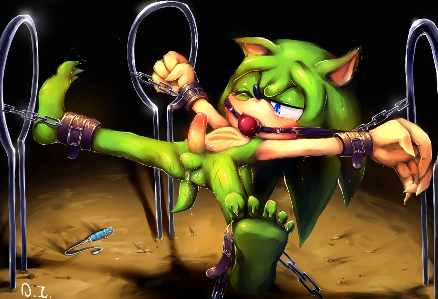 anthro anus archie_comics ball_gag balls bodily_fluids bound chain cuff_(restraint) cum dildo dragonichigo e621 erection eulipotyphlan gag gagged genital_fluids genitals hedgehog hi_res male mammal penis restraints scourge_the_hedgehog sega sex_toy shackles solo sonic_the_hedgehog_(archie) sonic_the_hedgehog_(comics) sonic_the_hedgehog_(series) submissive submissive_male