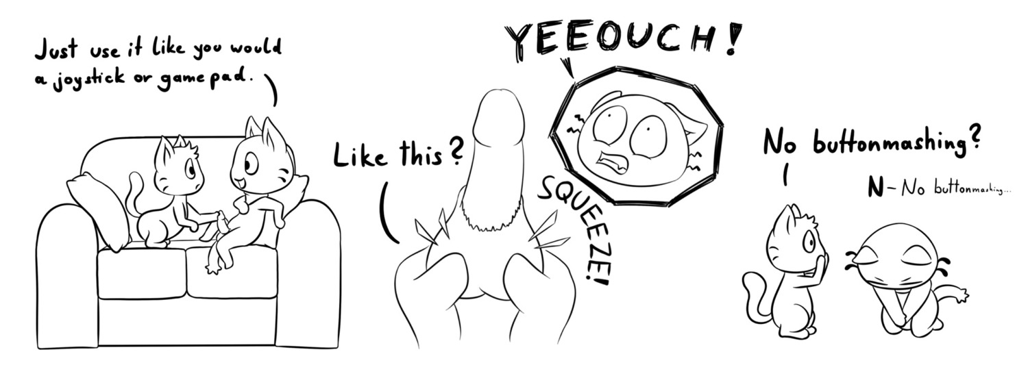 age_difference anthro balls cock_and_ball_torture comic covering covering_mouth covering_own_mouth covering_self dialogue domestic_cat duo e621 english_text erection felid feline felis furniture gamercat_(character) genital_torture genitals glitch_(the_gamercat) hi_res humor kneeling low_blow male mammal monochrome naive oops pain penis sen_grisane_(artist) sofa text the_gamercat training young young_anthro young_male