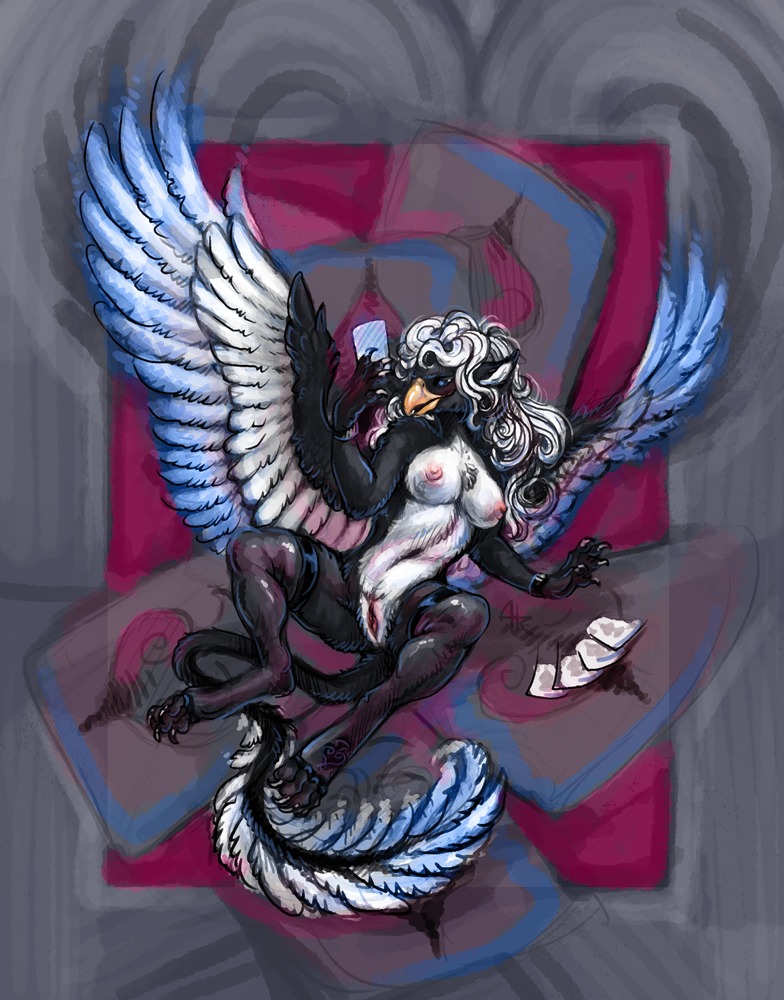 2013 acidapluvia anthro avian beak biped black_body black_fur blue_body blue_feathers breasts card e621 feathered_wings feathers female fur genitals gryphon hair holding_card holding_object holding_single_card lying multicolored_body multicolored_fur mythological_avian mythological_creature mythology nipples non-mammal_breasts non-mammal_nipples nude on_back solo spread_legs spreading tail two_tone_body two_tone_fur vulva white_body white_fur white_hair wings