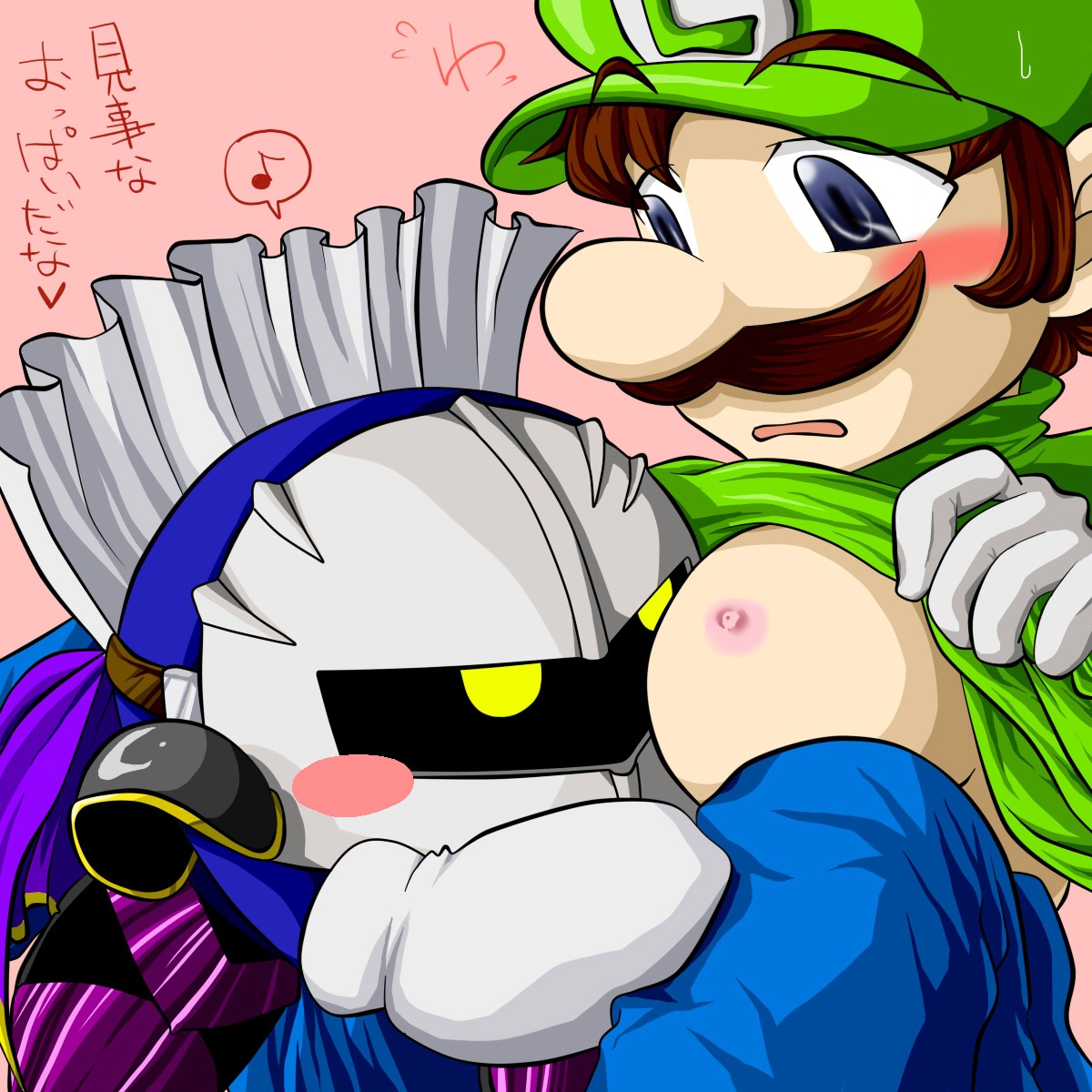 biyori blush breasts brown_hair color facial_hair female hair hat human interspecies kirby_(series) luigi male mario_(series) meta_knight moustache nintendo nipples rule34 rule_63 straight_hair tagme
