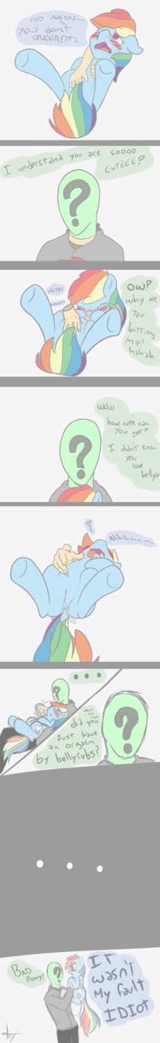 2013 absurd_res anonymous anus blue_body blue_feathers blue_fur blush bodily_fluids clothing comic cutie_mark dialogue duo e621 english_text equid equine feathered_wings feathers female feral friendship_is_magic fur genital_fluids genitals hair hasbro hi_res hooves human long_image male mammal mostazathy multicolored_hair my_little_pony mythological_creature mythological_equine mythology nude open_mouth pegasus purple_eyes rainbow_dash_(mlp) rainbow_hair tall_image text tongue tongue_out vaginal_fluids vulva wings