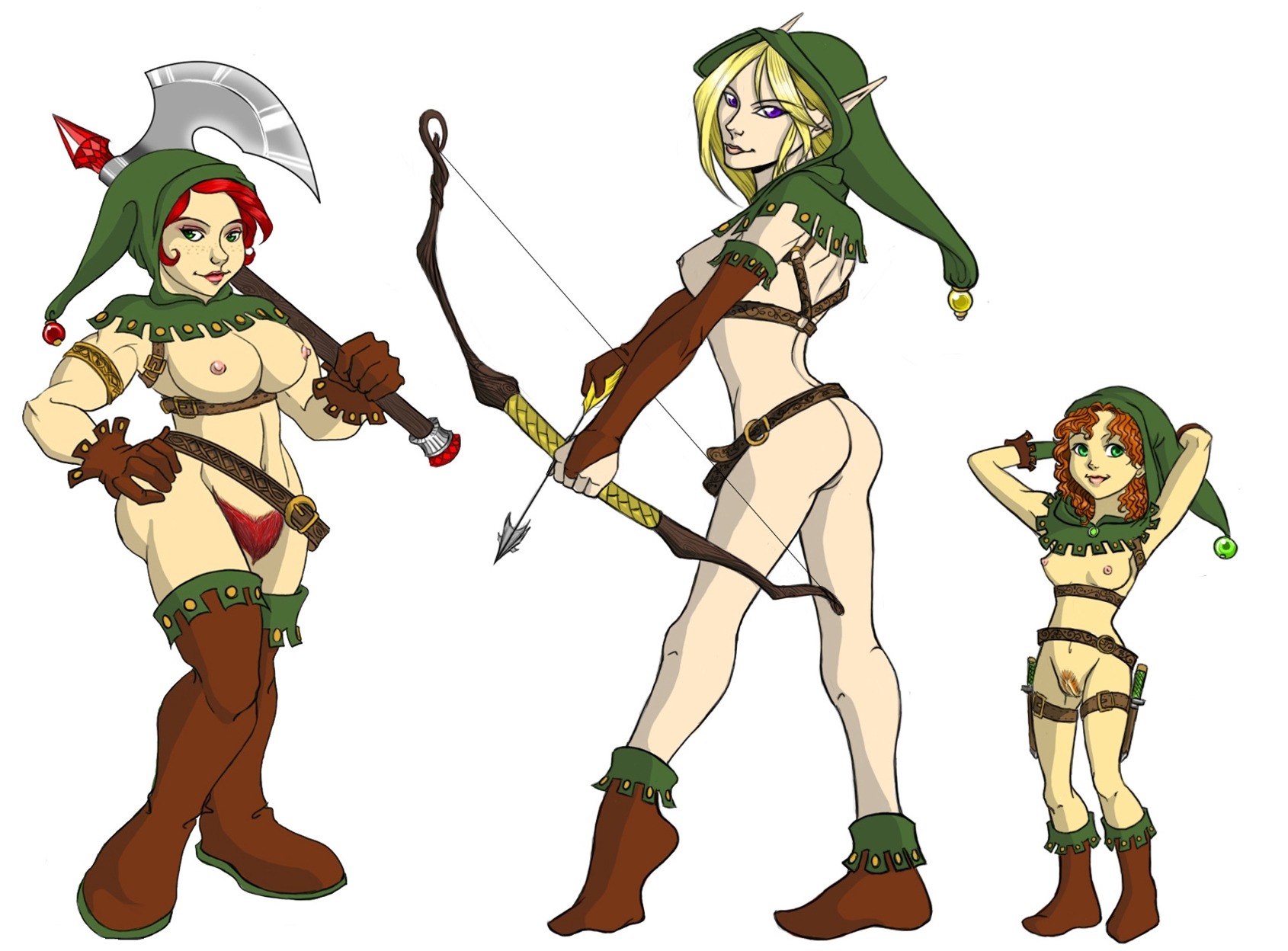3girls areolae ass axe boots bow_(weapon) bow_and_arrow breasts color dungeons_and_dragons dwarf dwarf_female elf elf_ears elf_female female female_only functionally_nude halfling halfling_female looking_at_viewer multiple_females multiple_girls nipples pubic_hair rule34 tagme white_background