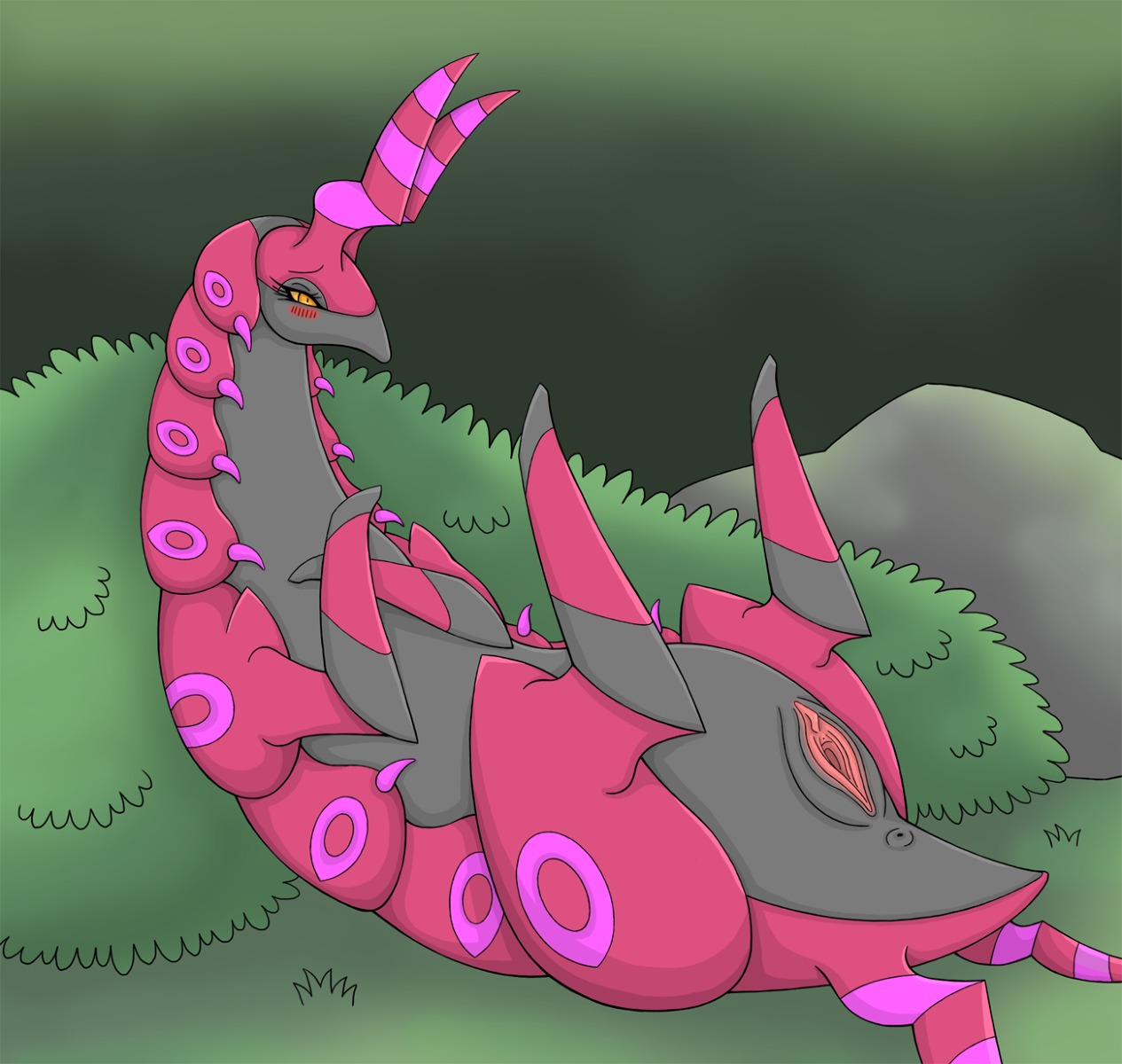 anus arthropod blush e621 fang_asian female feral generation_5_pokemon genitals hi_res myriapod nintendo pokemon pokemon_(species) presenting scolipede solo vulva