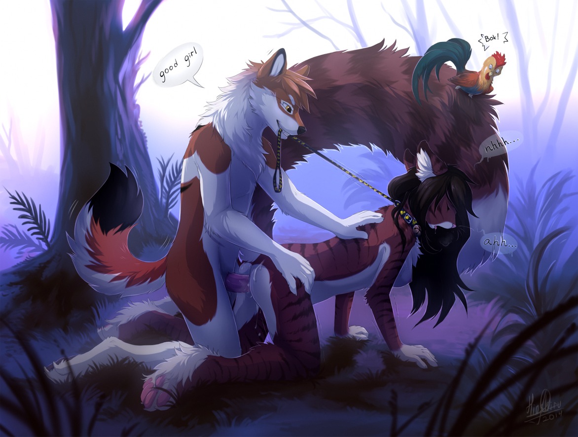 2014 all_fours anthro anthro_on_anthro anthro_penetrated anthro_penetrating anthro_penetrating_anthro avian big_tail bird bodily_fluids breasts canid canine canis chicken collar cum detailed_background dialogue doggystyle domestic_cat dominant dominant_male duo e621 english_text erection eyes_closed felid feline felis female female_penetrated forest from_behind_position galliform genital_fluids genitals hioshiru leash male male/female male_penetrating male_penetrating_female mammal nipples nude open_mouth outside pawpads paws penetration penile penile_penetration penis penis_in_vagina phasianid plant remmmy sex side_view submissive submissive_female tail tanthis text tree vaginal vaginal_penetration wolf