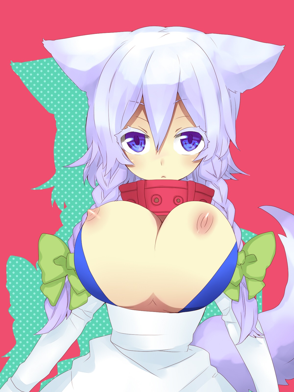 blue_eyes bouncing_breasts braid breasts collar dog_ear dog_tail female highres inu_sakuya kemonomimi_mode large_breasts monmonji nipples rule34 sakuya_izayoi short_hair silver_hair tail touhou twin_braids