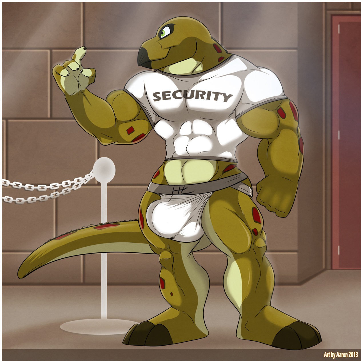 1:1 2013 aaron_(artist) abs adonis_stargel anthro athletic biceps big_bulge big_muscles biped border bouncer bulge claws clothing digital_media_(artwork) dinosaur e621 english_text flexing green_body green_eyes green_skin grin hi_res iguanodon iguanodontian iguanodontid jockstrap male markings muscular muscular_anthro muscular_male ornithischian ornithopod pecs pose prehistoric_species red_body red_skin reptile scales scalie security shirt smile solo spots standing tail text text_on_clothing text_on_shirt text_on_topwear tight_clothing topwear underwear white_border