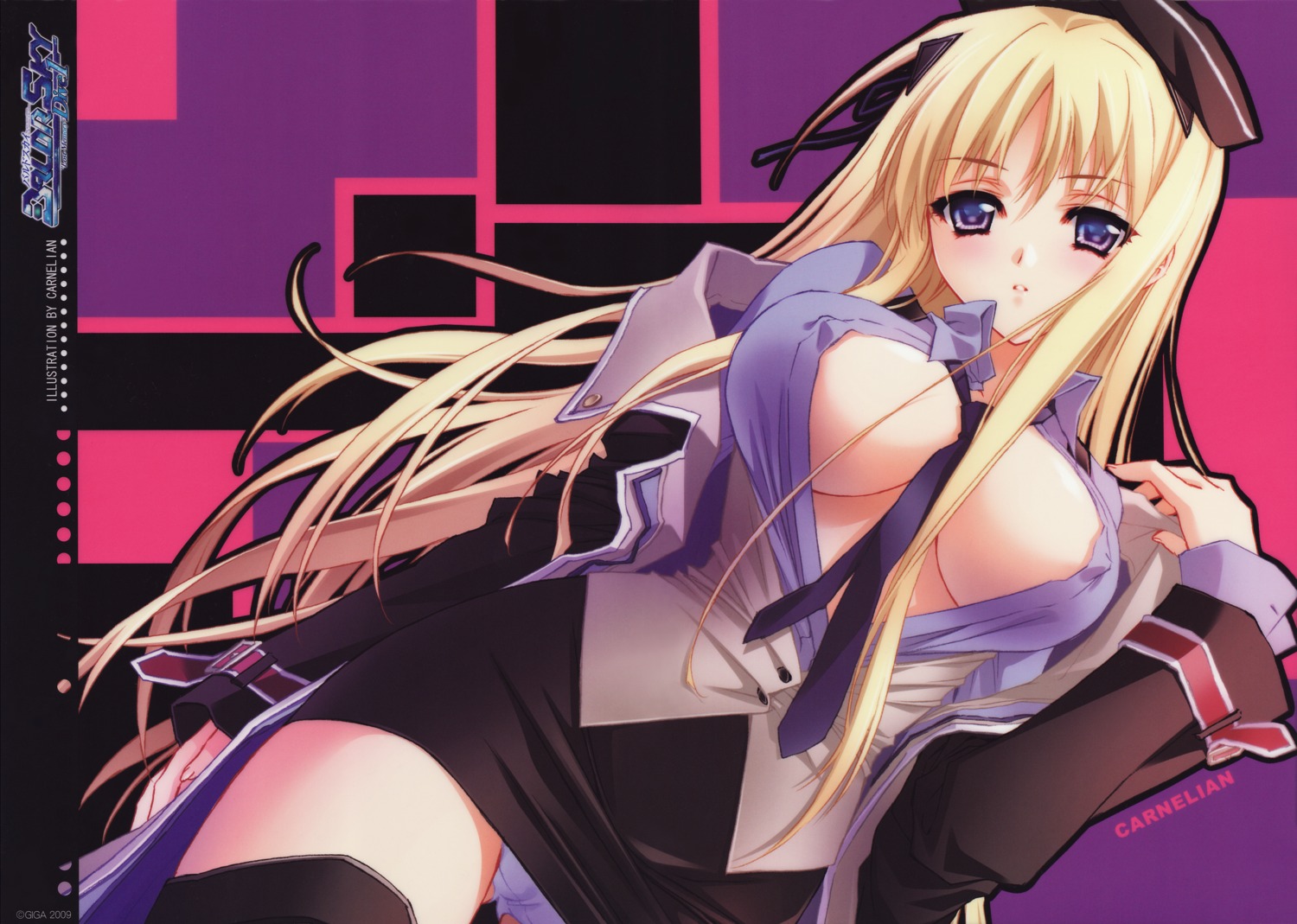 baldr_(series) baldr_sky blonde_hair blue_eyes breasts carnelian erect_nipples female hat highres huge_filesize kirishima_rain large_breasts long_hair miniskirt necktie nipples no_bra open_clothes open_shirt panties pantyshot rule34 shirt skirt thighhighs underwear white_panties zettai_ryouiki