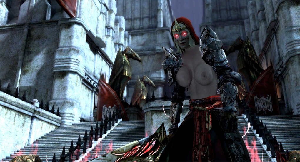 1girls 3d areolae armor breasts circlet dragon_age dragon_age_2 female female_only glowing_eyes hood large_breasts melee_weapon meredith_stannard nipples outdoors rule34 shoulder_pads solo solo_female sword topless weapon