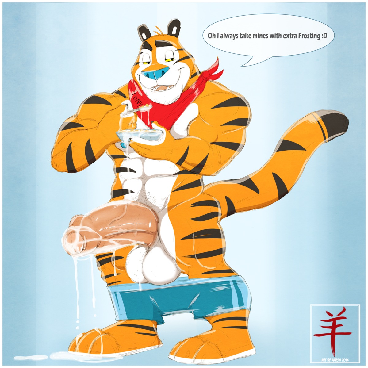 1:1 2014 aaron_(artist) abs anthro athletic balls barefoot biceps big_balls big_muscles big_penis biped black_body black_fur blue_nipples blue_nose bodily_fluids border bottomwear bowl cereal clothed clothing container countershading cum cum_drip cum_in_bowl cum_in_container cum_on_food cum_on_hand cum_on_penis cum_string dialogue digital_media_(artwork) dripping e621 english_text erection fangs feet felid food food_fetish food_play foreskin frosted_flakes fur genital_fluids genitals grin happy hi_res huge_balls humanoid_genitalia humanoid_penis kellogg's kerchief leaking male mammal markings mascot muscular muscular_anthro muscular_male nipples nude open_mouth orange_body orange_fur orgasm pantherine pecs penis pose sharp_teeth shorts simple_background smile solo standing stripes teeth text thick_penis tiger tongue tony_the_tiger topless vein veiny_penis white_body white_border white_fur yellow_eyes