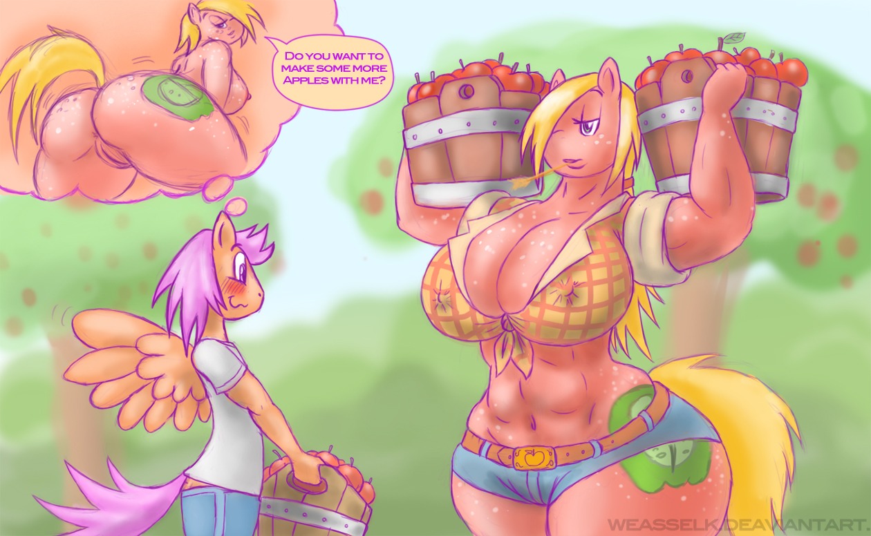 anthro anthrofied anus apple areola big_breasts big_butt big_macintosh_(mlp) blush bottomwear breasts butt cleavage clothed clothing crossgender cutie_mark duo e621 earth_pony equid equine erect_nipples feathered_wings feathers female food friendship_is_magic fruit genitals hair hasbro horse huge_breasts larger_female male mammal muscular muscular_female my_little_pony mythological_creature mythological_equine mythology navel nipple_outline nipples orange_body orange_feathers outside pegasus plant pony scootaloo_(mlp) shorts size_difference smaller_male smile vulva weasselk wing_boner wings