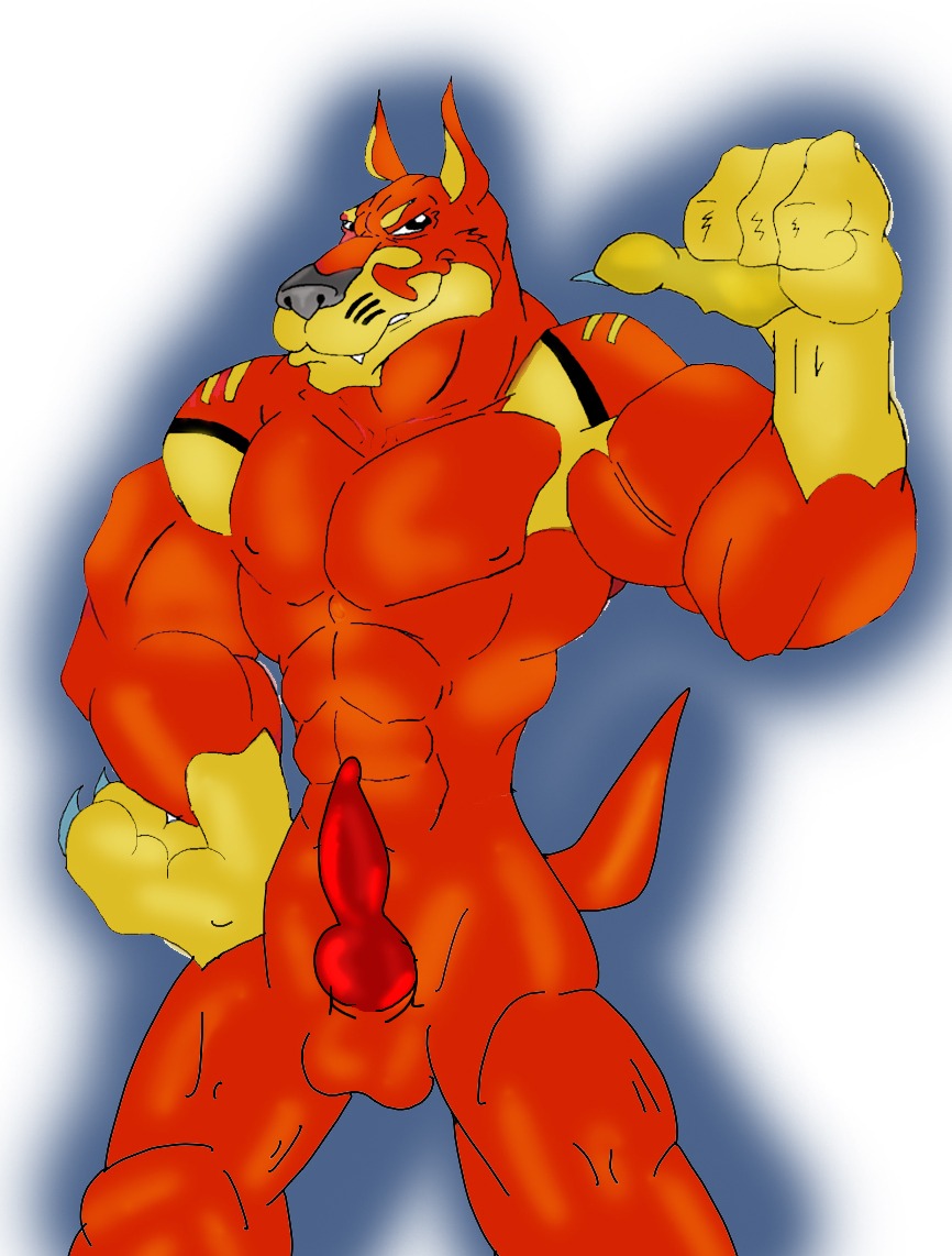 4_fingers anthro frisket front_view furry huge_muscles male male_only muscles muscular muscular_male nude penis pointing pointing_at_self reboot rule34 solo tagme