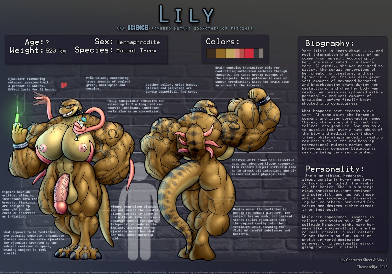 2013 abs absurd_res anthro balls beverage biceps big_breasts big_penis breasts butt collar dinosaur e621 english_text eyewear fangs flexing food front_view genitals glasses gynomorph half-erect heart_symbol herm_(lore) hi_res humanoid_genitalia humanoid_penis intersex lily_(thematelija) markings model_sheet muscular muscular_anthro muscular_gynomorph muscular_intersex nipples non-mammal_balls non-mammal_breasts non-mammal_nipples nude penis prehistoric_species profanity red_eyes reptile saurischian scalie smile solo syringe tail tattoo teeth tentacles text thematelija theropod tyrannosaurid tyrannosauroid tyrannosaurus tyrannosaurus_rex vein